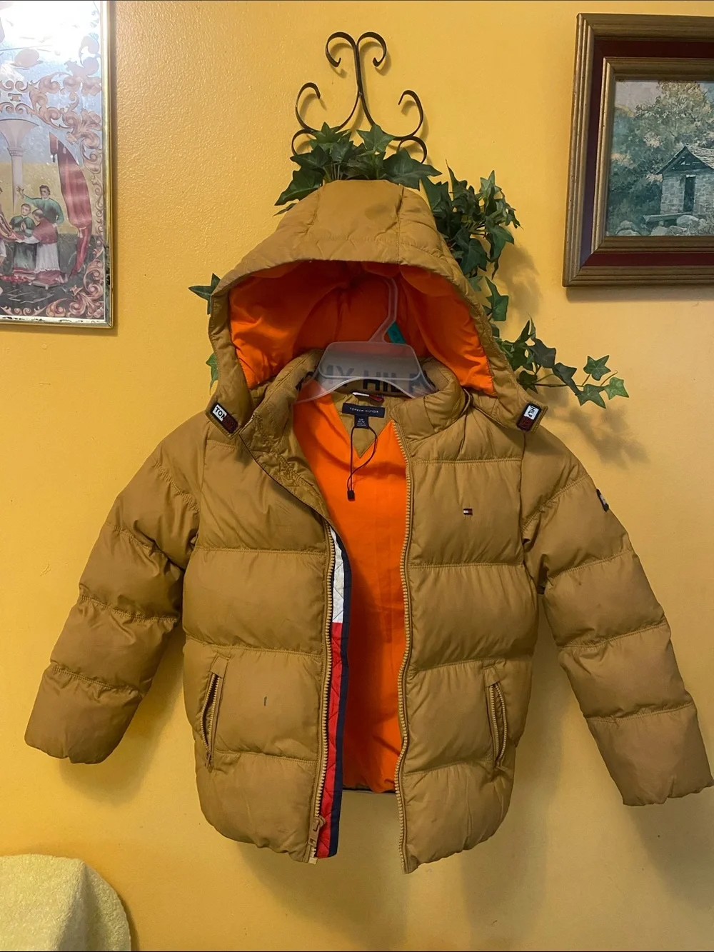 Tommy Hilfiger Kids Hooded Puffer Jacket - Camel with Orange Lining